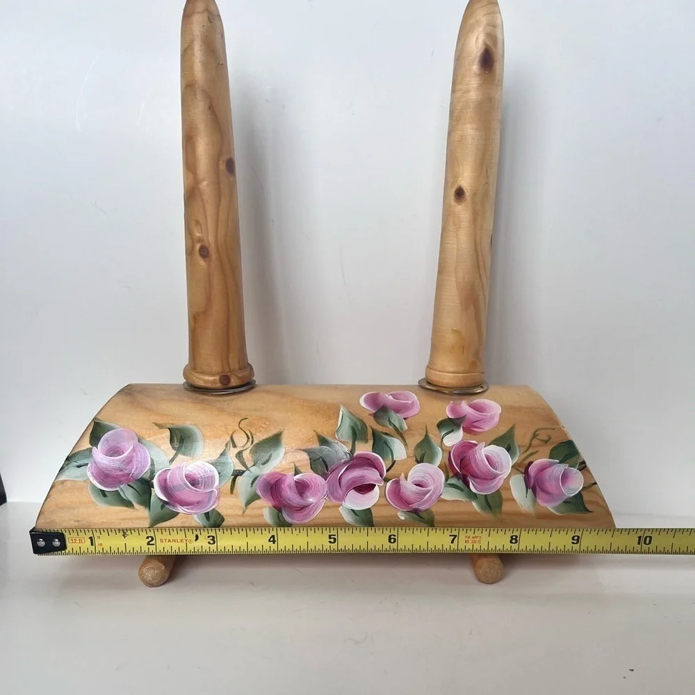 Vintage Wood Tapered Candle Holder Natural Hand Painted Carved Roses 90s Y2K
